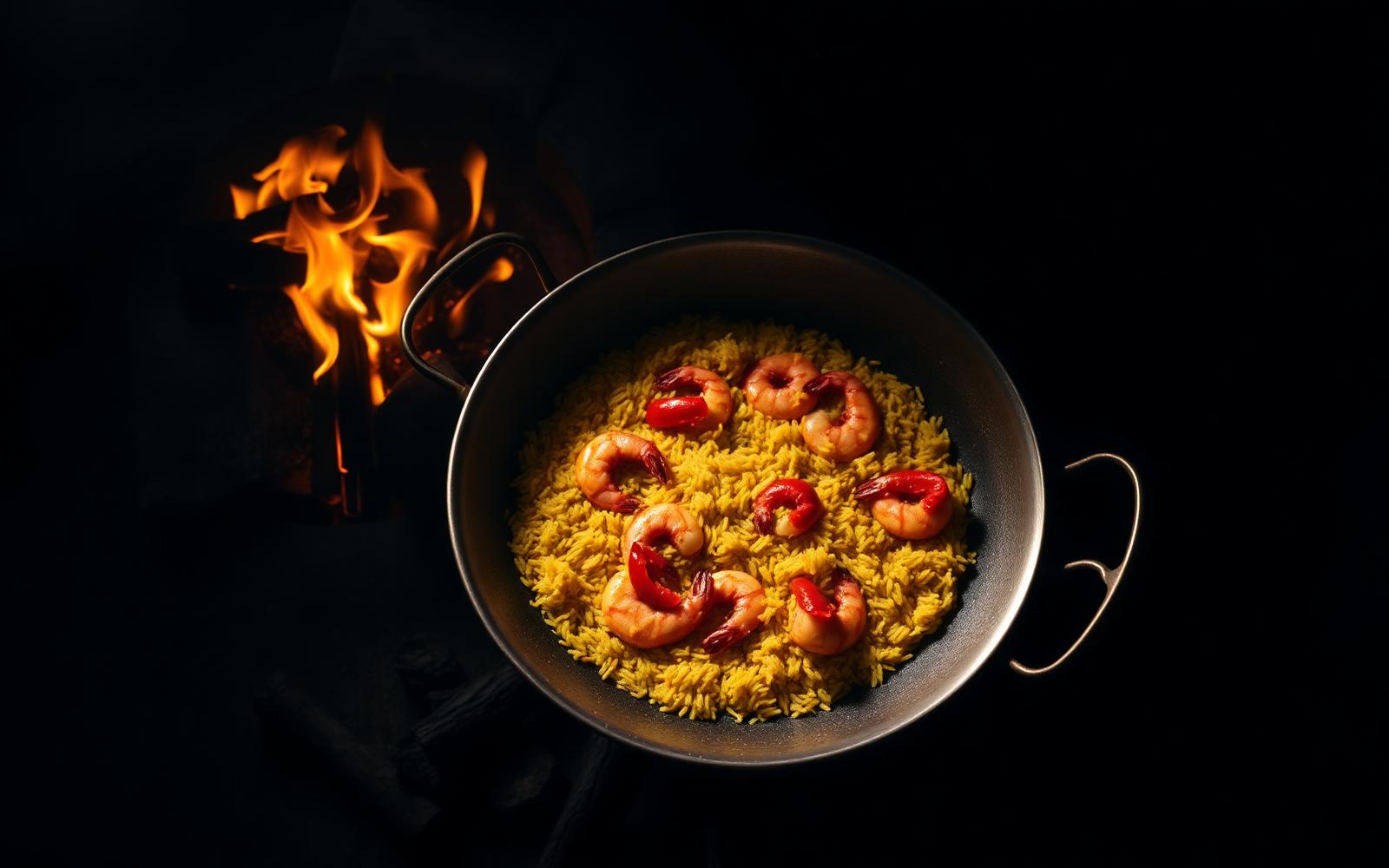 Paella cocinándose a fuego vivo en una paellera de acero